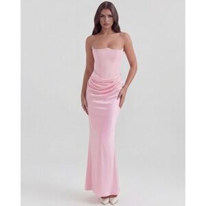 Almond Muse Strapless Draped Satin Midi Dress Pink Small New With Tags